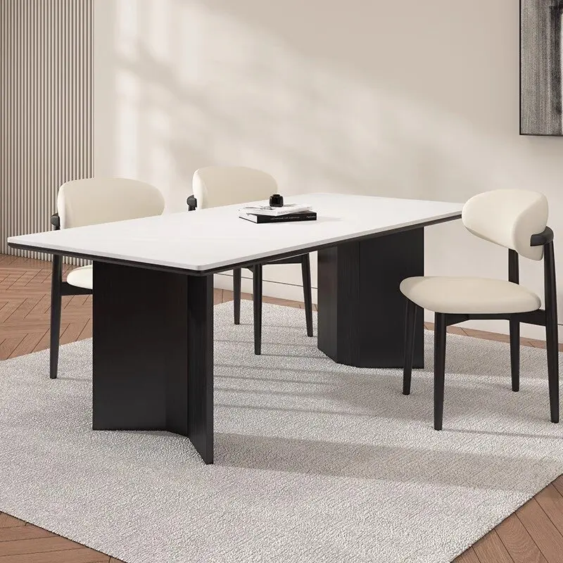 Synthetic marble top dining room furniture six ten eight chairs modern rectangle  2 stable pedestals slate dinner tables