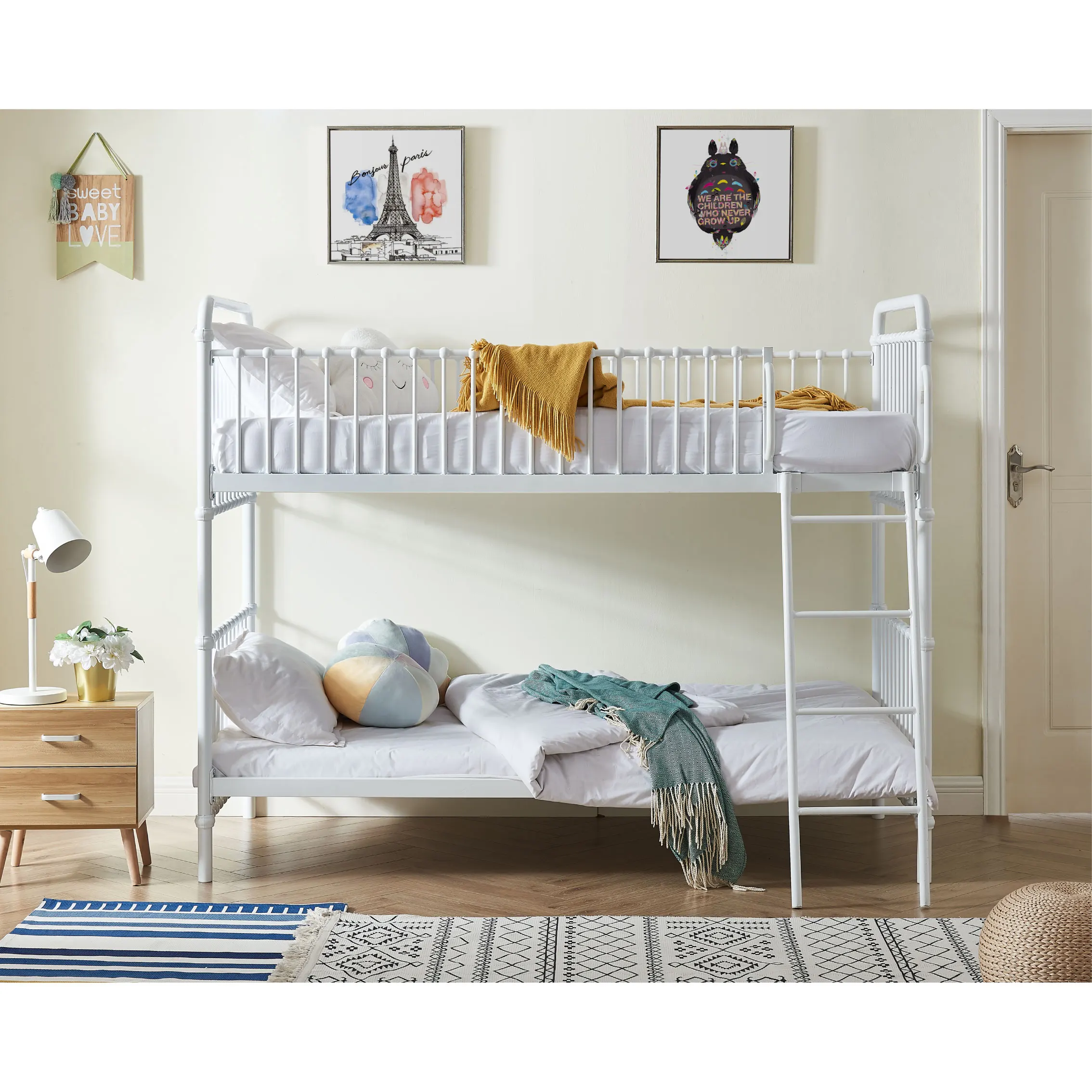 High quality Modern School dormitory bedroom  Kids students boys girls Double size White black Wrought iron Metal Bunk bed