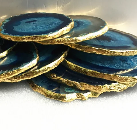 
Own factory supply Agate red/blue coaster with golden rims for coffee cup 