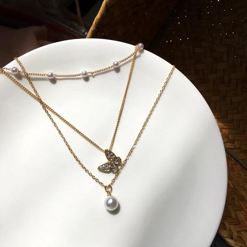 Hot Selling Multilayered Necklaces Shiny Pearl Light Luxury Butterfly Adjustable Necklaces Women Girls