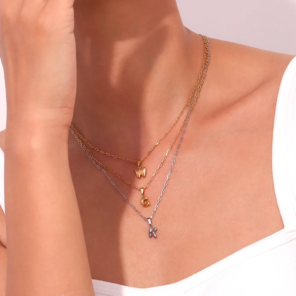 Bubble Initial Necklace Letter Alphabet Necklace Stainless Steel 18K Gold Plated Jewelry for Women bijoux collier pour femme