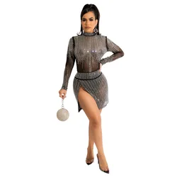 Женское Прозрачное платье для ночного клуба, сексуальное платье с разрезом и стразами без трусиков, новинка весны, модная женская одежда