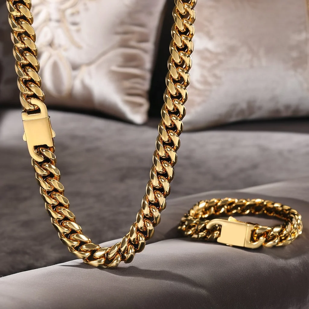 wholesale women hip hop jewelry miami cuban link necklace 316l stainless steel 8mm 10mm 12mm 14mm 18mm men 18k gold cuban chain