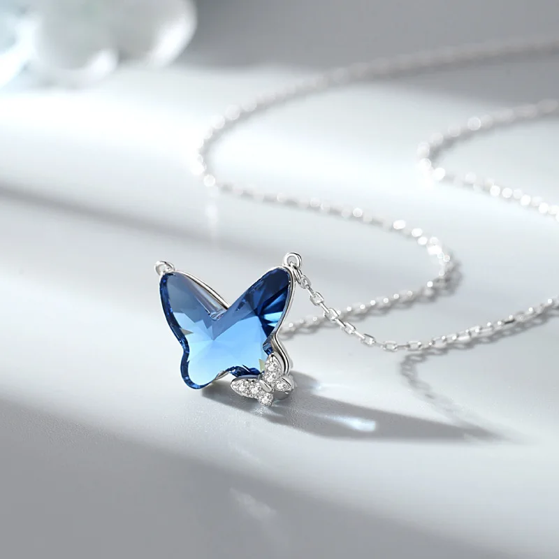 Hot Selling Korea Luxury S925 Sterling Silver Original Butterfly Pendant Jewelry Blue Natural Crystal Zircon Lady Necklace