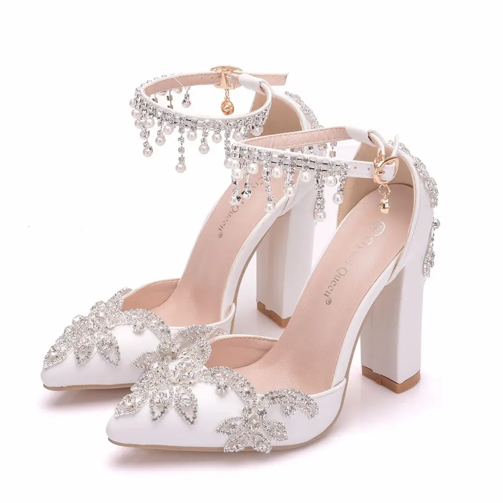 WomanWedding Shoes Bride Heels Crystal Pumps Christmas Day Evening Party Luxury Square high Heel Sandals