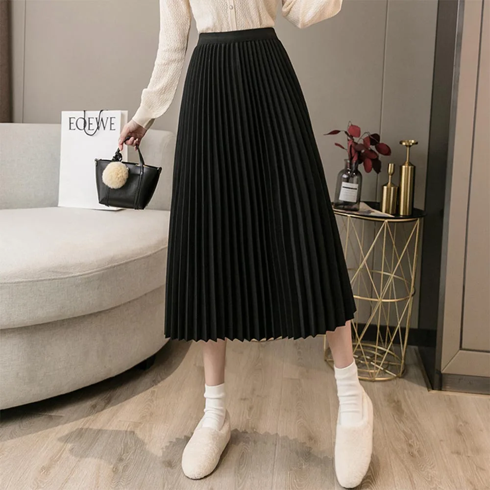 Woolen Pleated Skirts Womens Fashion High Waist Black Gray Skirt Loose Thick Warm 2021 Autumn Winter Long Skirt VD2382
