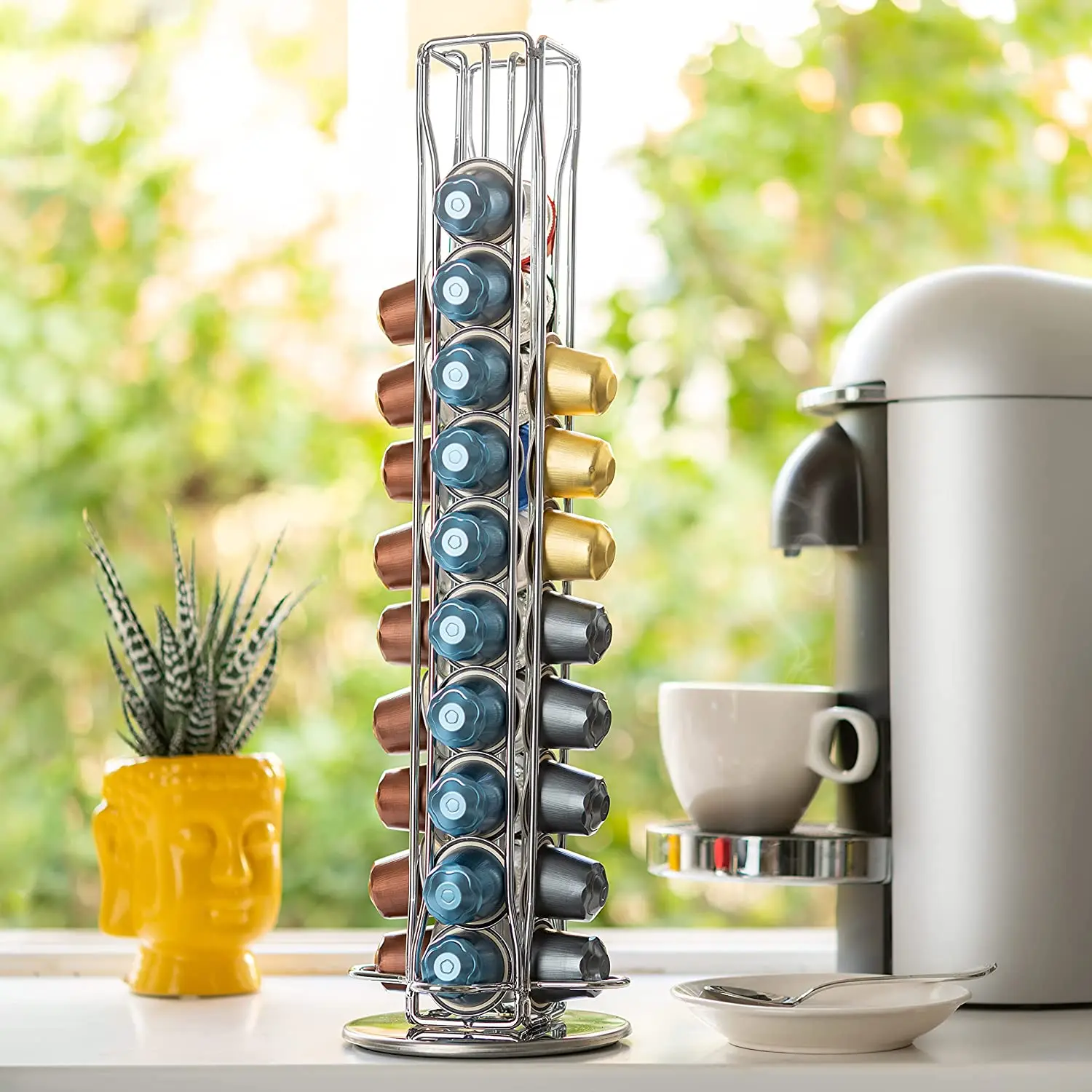Silver Metal Coffee Pod Carousel Capsules Holder Storage Organizer Rack Compatible with Nespresso Original Line 40 Pods