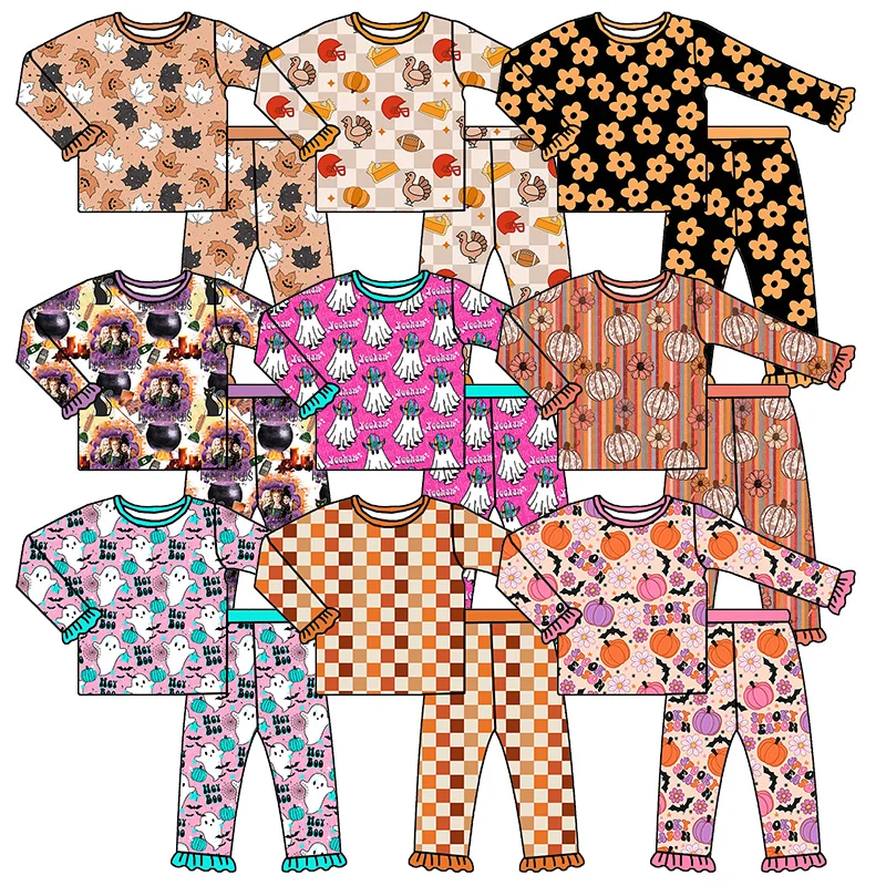 JF Boutique Children Clothes Fall Halloween Custom Printed Viscose Bamboo 5%Spandex Two Pieces Girls Pajamas Sets