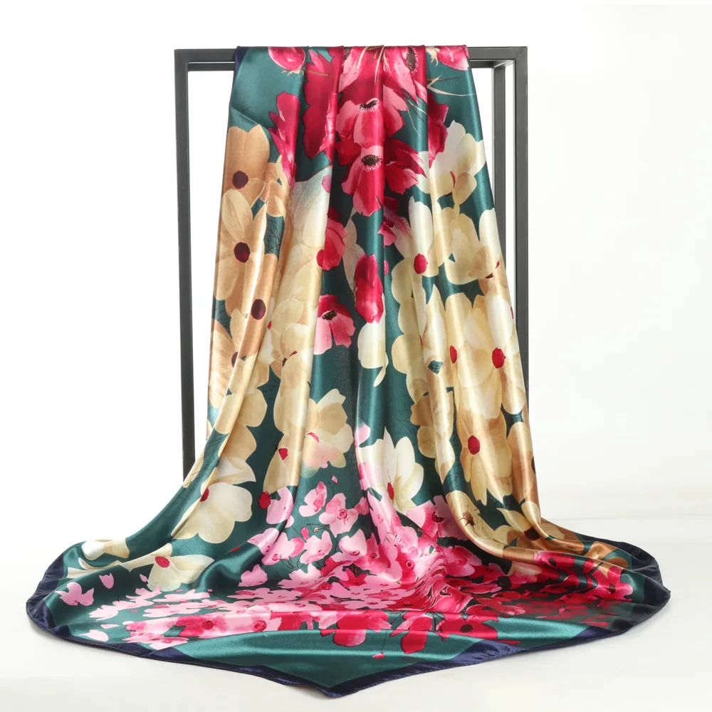 Professional Customized New 90cm Beautiful Peacock Screen Printing Long Silk Scarf for Women Plain Style For Spring Season Adult