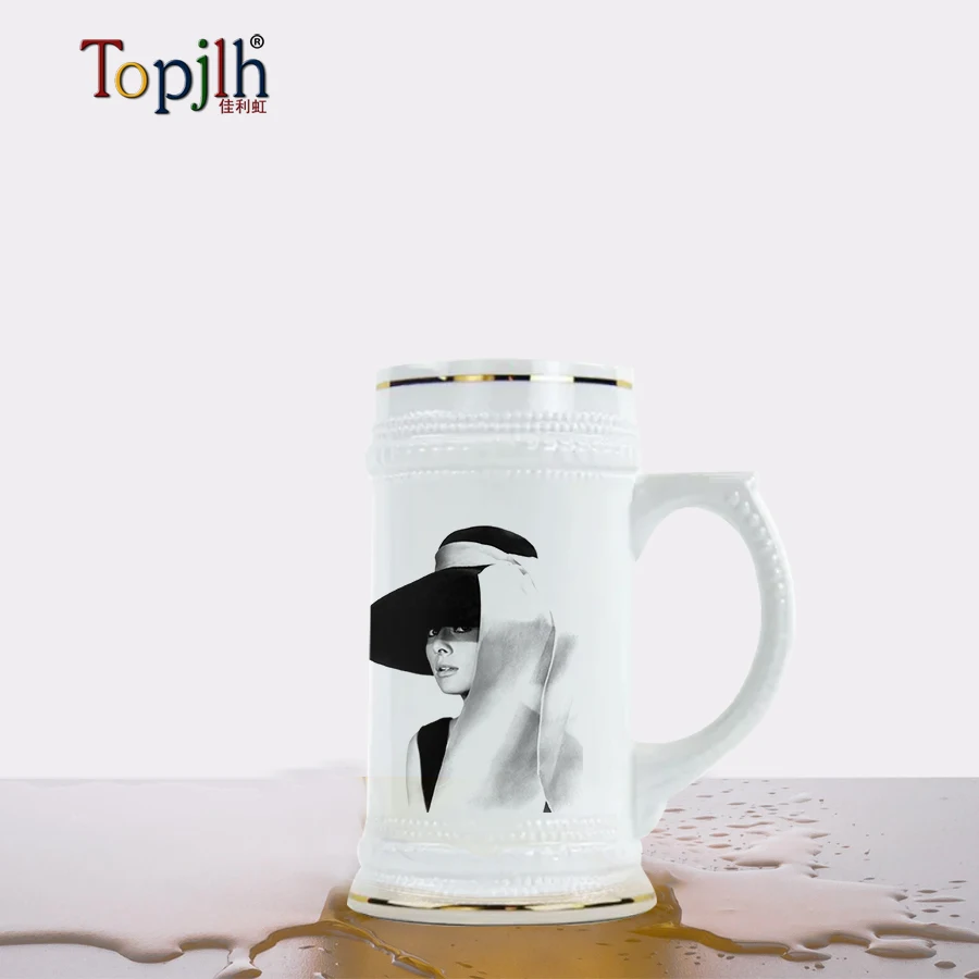 Wholesale 22oz white sublimation beer stein with gold trim