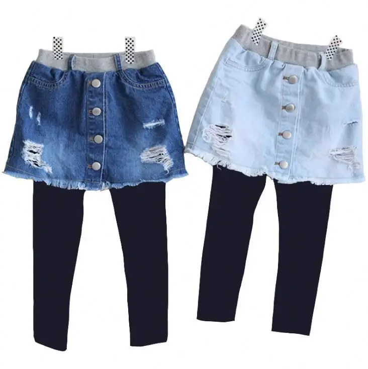 Girls Jean Mini Skirt Style Leggings Pants Kids Stylish Ripped Jeans Tight Spring Wearing