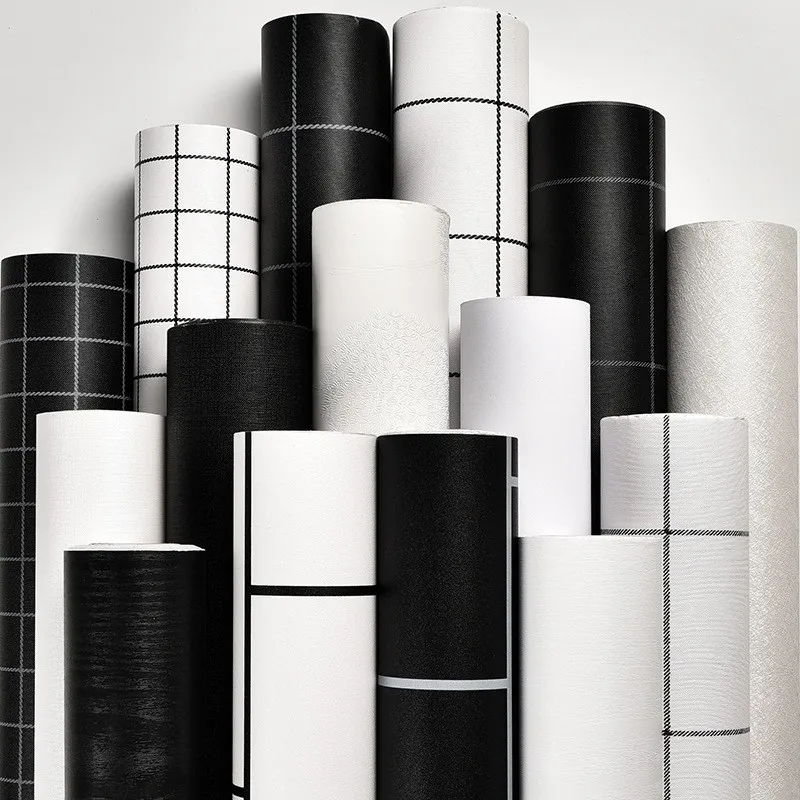 Simple pattern white grid wall paper sticker adhesive waterproof pvc black wallpaper for hotel house living room deco