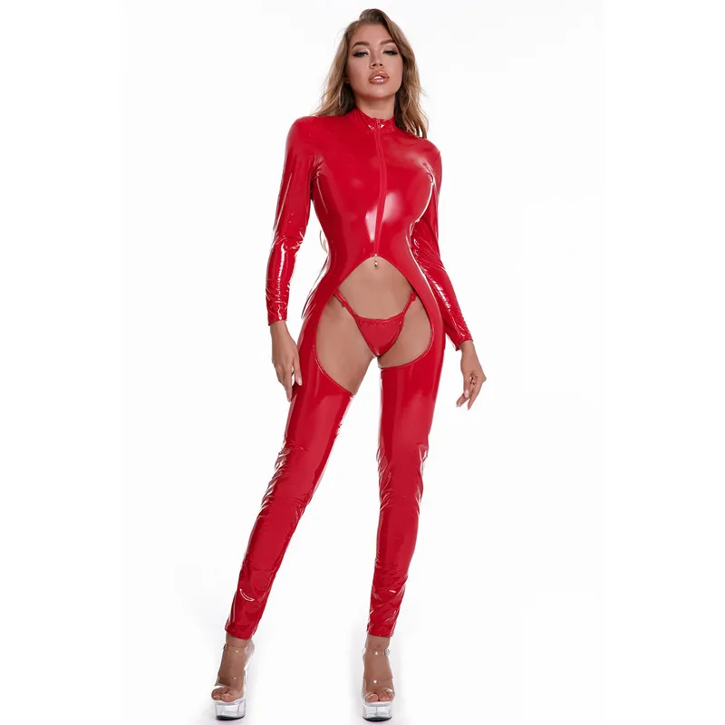 Hot sexy wetlook faux leather slim ctrotchless Jumpsuits club wear for women front zipper PVC latex stretch bodysuit