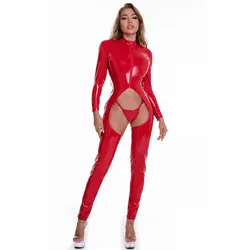Hot sexy wetlook faux leather slim ctrotchless Jumpsuits club wear for women front zipper PVC latex stretch bodysuit