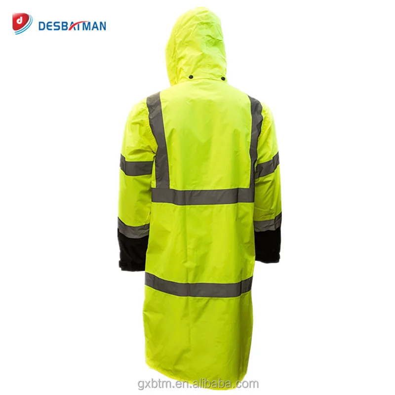 Custom hi vis waterproof raincoats 100% polyester with PU adult long sleeve raincoats jackets with reflective tapes