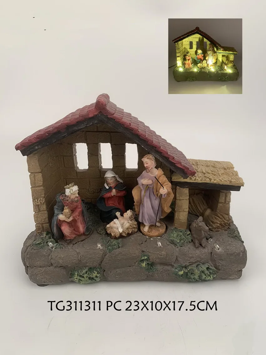 Top Grace hand carved polyresin cheap nativity sets with led light
