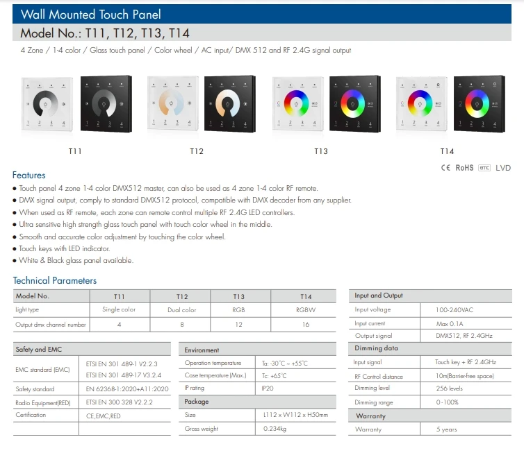 skydance T12 100-240VAC CCT DMX Master Dual Color Wall Mounted Scenes Panel switch dimmer 2.4G RF wireless Remote control 4 ZONE