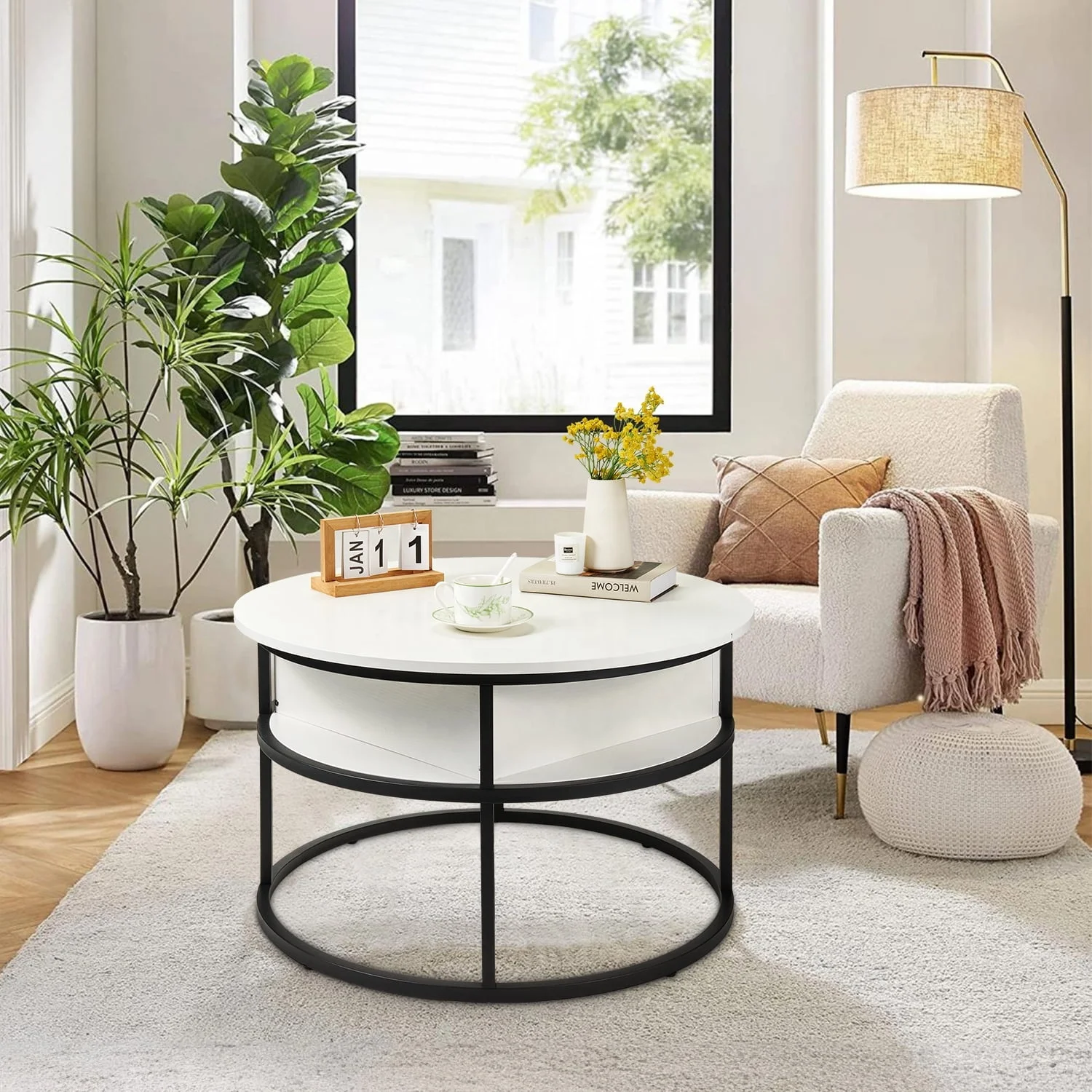 Modern Black White Circle Lift Top Round Home Office Wooden Living Room Center Coffee Tables Set with Hidden Storage