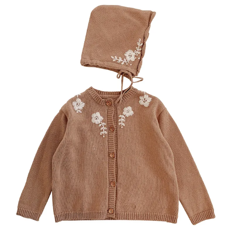 
Stylish kids jacket wholesale baby girls flower embroidery knitting sweater cardigan 