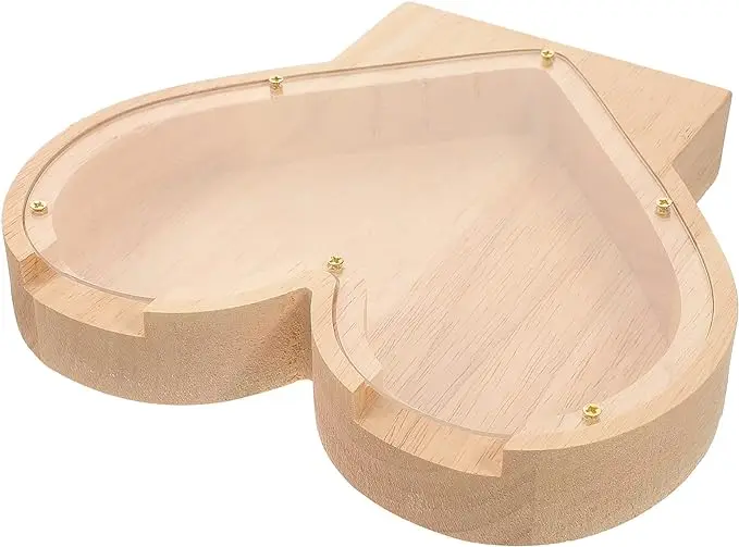 Wholesale Custom Creative Transparent wooden piggy bank heart-shaped cash box on the desk, living room For Kids