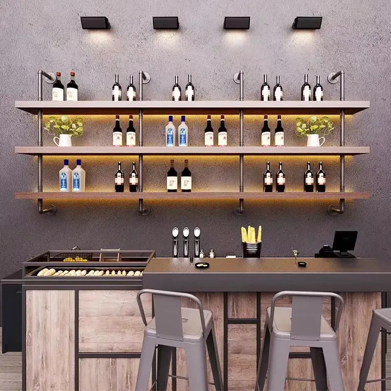 2023 Wholesale Custom Commercial Industrial Iron Nightclub Wet Bar Bistro Wall Mounted Wooden Wine Rack Display