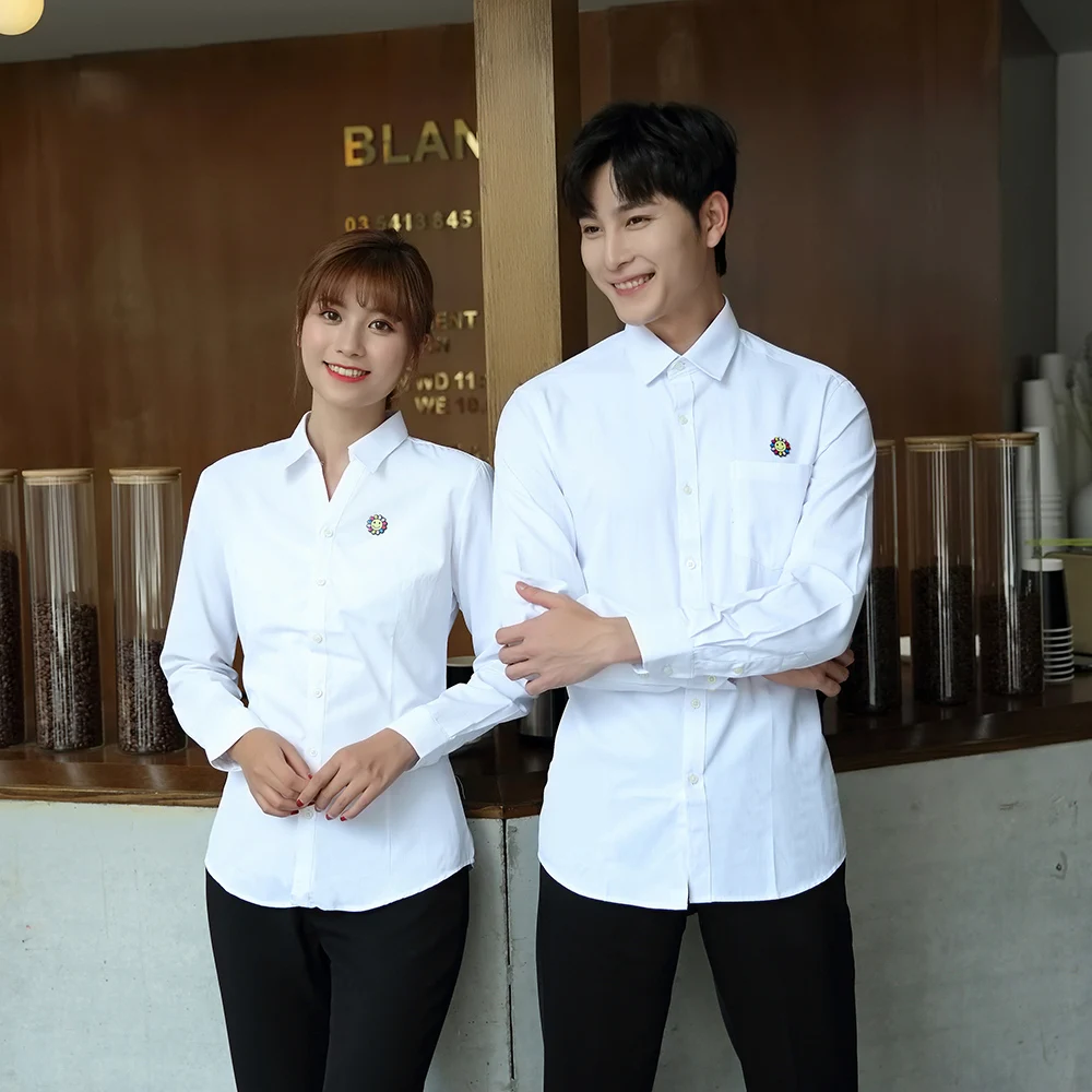 Hotel restaurant V collar girl shirts waiters and waitresses work uniform white  shirt base style customization Ropa de postre