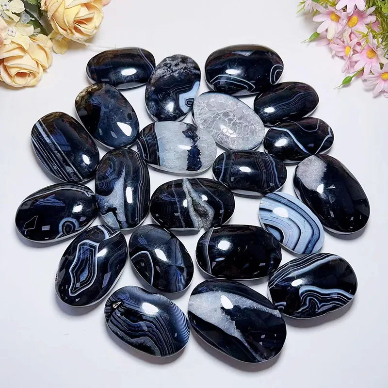 Black Onyx Hand Carved Crystal Palm Stone Agate Banded Natural Black Onyx Carved Crystal Healing Stone For Decoration