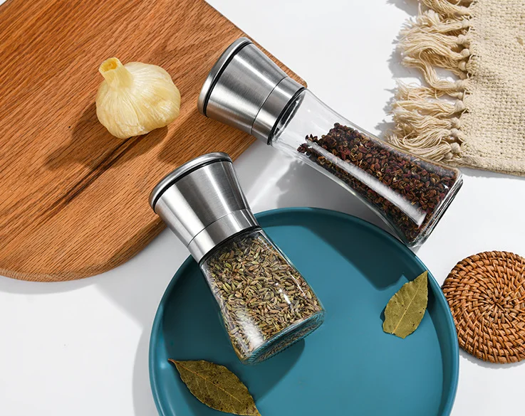 Best Seller 2 in 1 Kitchen Seasoning Adjustable Manual Glass Pepper Mill Spice Chili Salt and Pepper Grinder Set