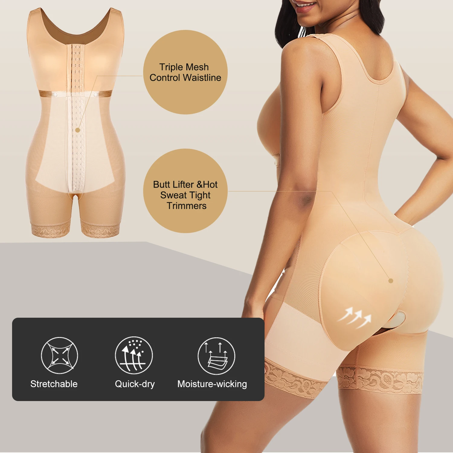 
Top Selling Adjustable 3 Hooks High Compression Tummy Control Full Body Shaper Women Shapewear Butt Lifter Short 