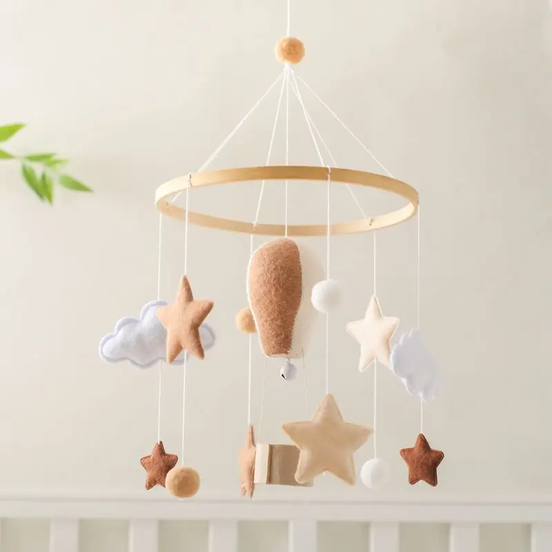 Brown Hot Air Balloon Hanging Toy Soft Toy Wooden Frame Handmade Felt Baby Mobile