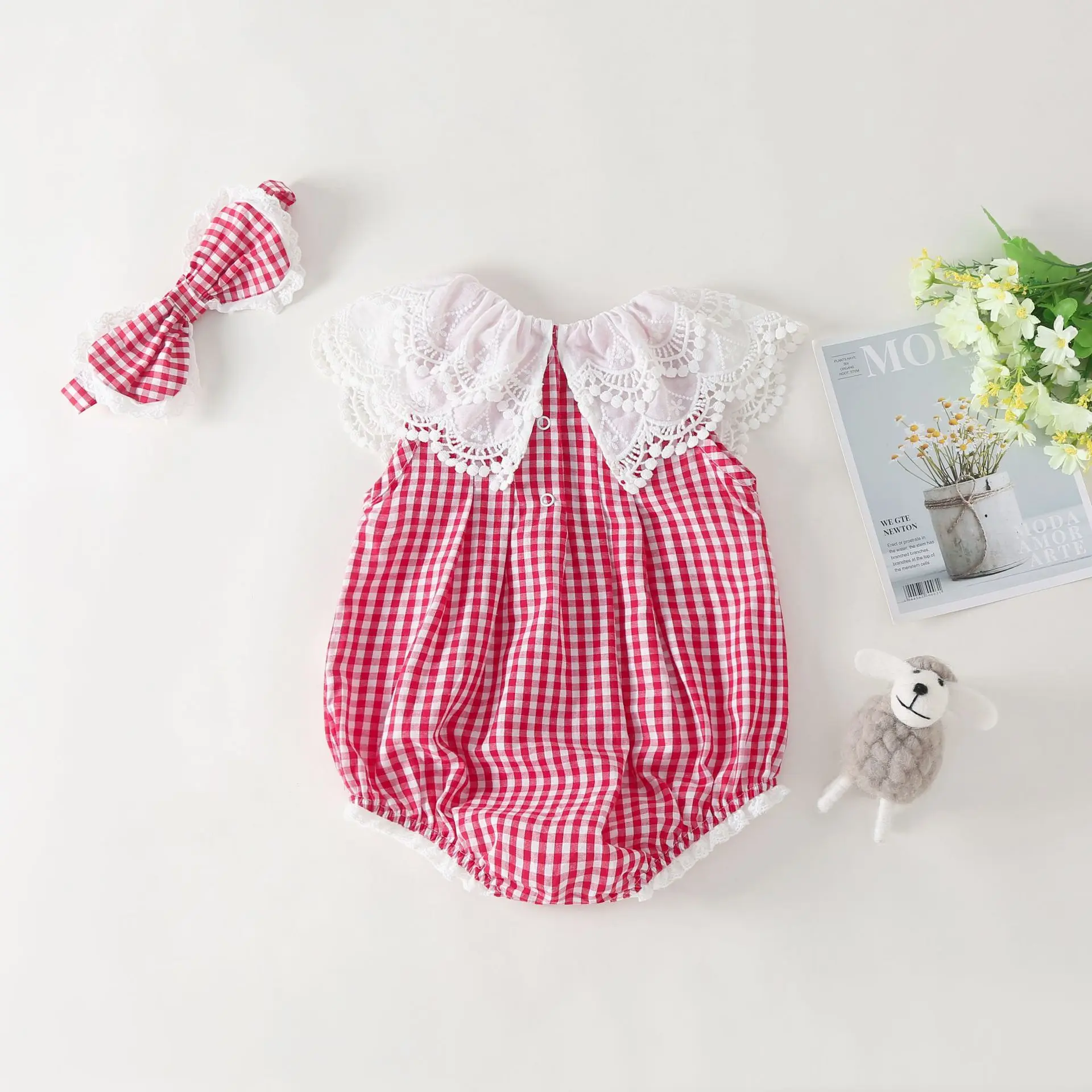 Cute Infant Clothes 2 Piece Plaid Floral Lace Collar Sleeveless Baby Girl Romper+bow Headband Birthday Princess Bodysuit 0-18M