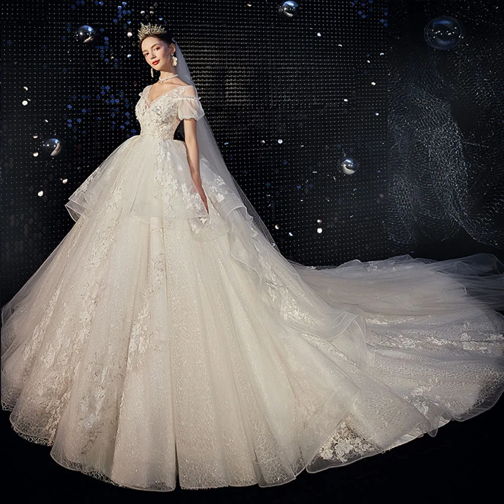 Pearls Sequins Lace Appliques Flowers Luxury Ball Gown Wedding Dress Vestido De Boda V-neck Short Sleeve Shiny Bridal