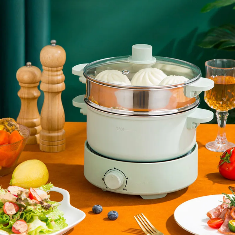 Green Office Outdoor Multi-function Noodles Electric Skillet Cooking Mini Hot Pot With Glass Cover With Steamed