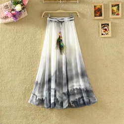 Korean summer chiffon lace dress,large bust dress ink printing fairy skirt