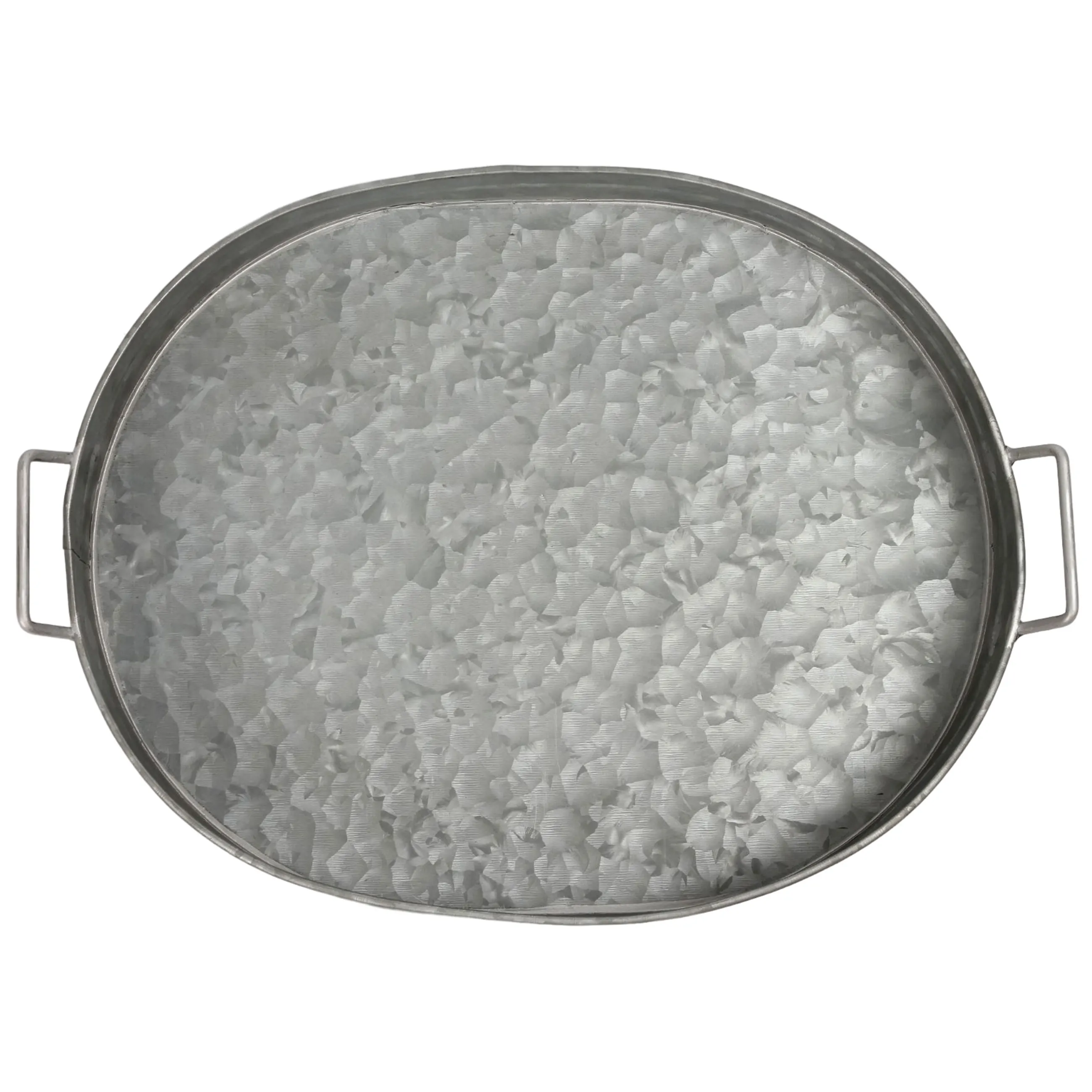 Farmhouse Style Vintage Kitchen Large Oval Gray Galvanized Steel Single Tier Serving Tray Stand With Handle