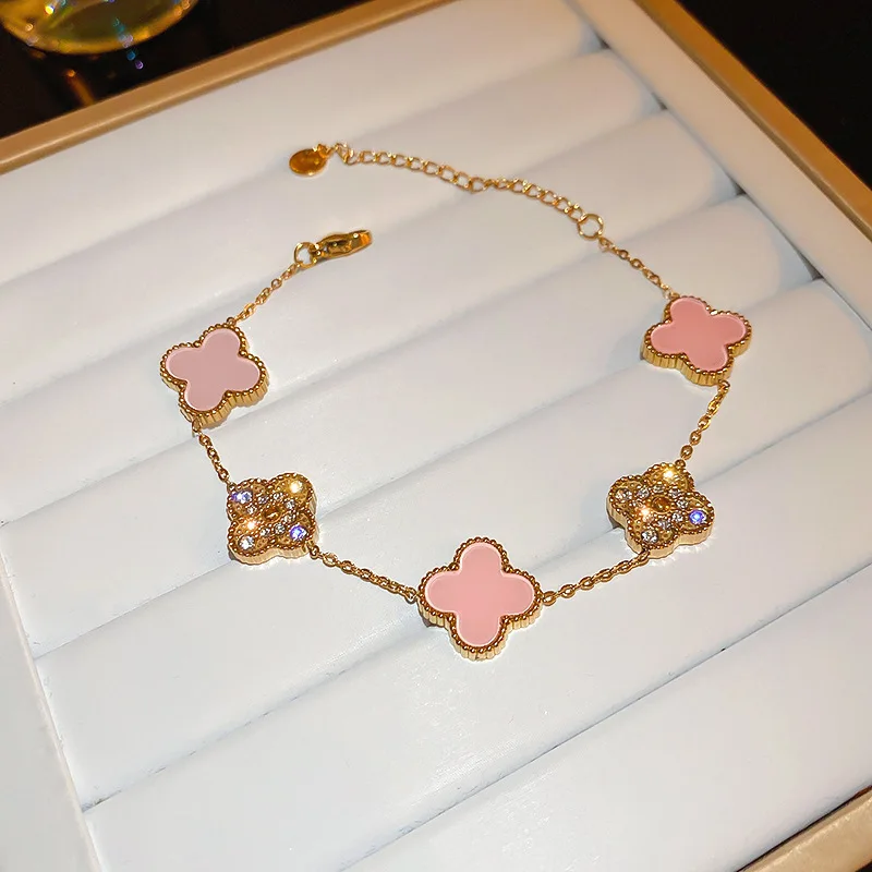 Waterproof Exquisite 18k Gold Plated Zircon Four Leaf Clover Fashion Jewelry Set Girls Women Valentine Bracelet Ring Earrings