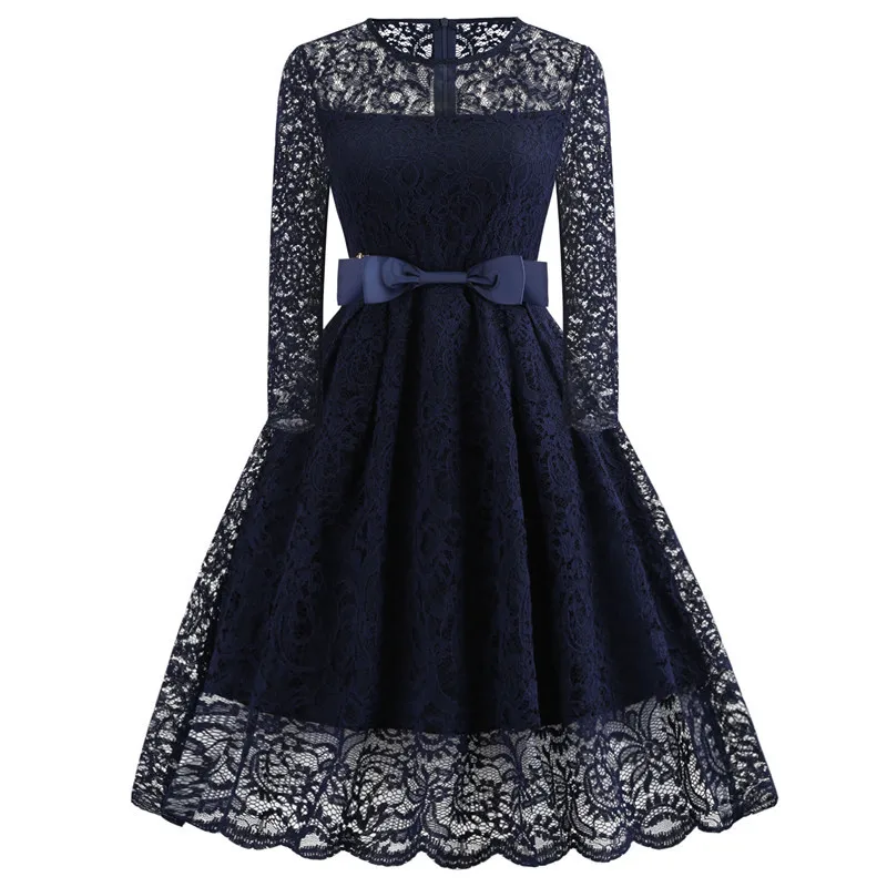 New Women Vintage Elegant Casual Dress Floral Plain Pullover Lace Dresses Bow