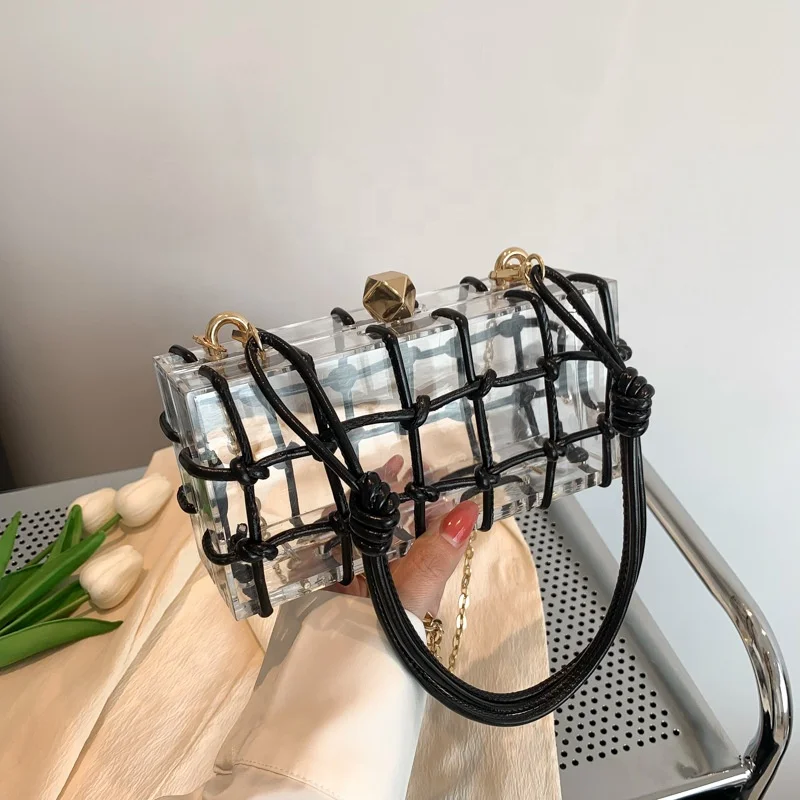 New Arrival Acrylic Transparent Evening Bag Woven Hollow Out Chain Square Bag Makeup Clutch For Ladies