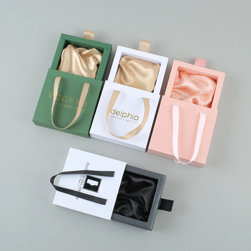 Slide Paper Box Packaging Nail Custom Logo Jewelry Pink Velvet Pouch Bags Sliding Jewellery Boxes for Earring Bracelet