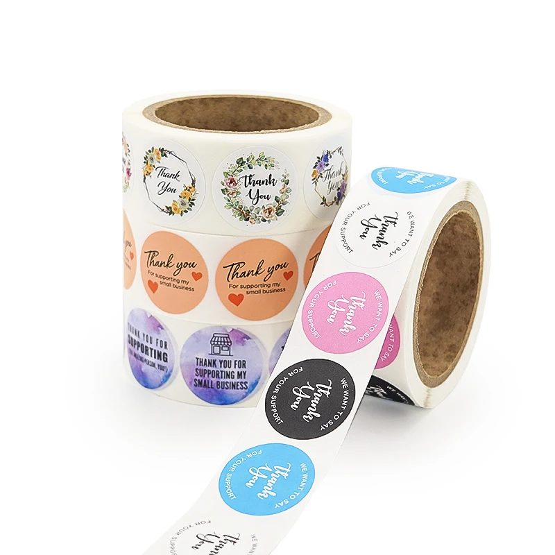 Hot 500pcs Eco friendly Custom Self Adhesive Package Seal Round Flower Thank you Label Stickers Roll for Small Business Paper