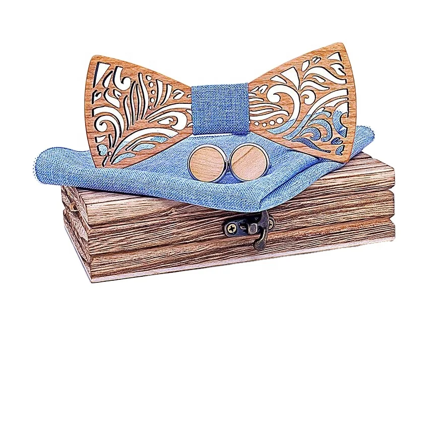 Hollow carved white wooden bow tie Fashion wedding accessories set