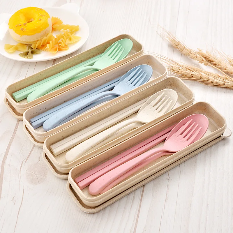 Cheap Eco Friendly Travel Wheat Straw Cutlery Sets Spoon Chopsticks Fork Portable Flatware With Case