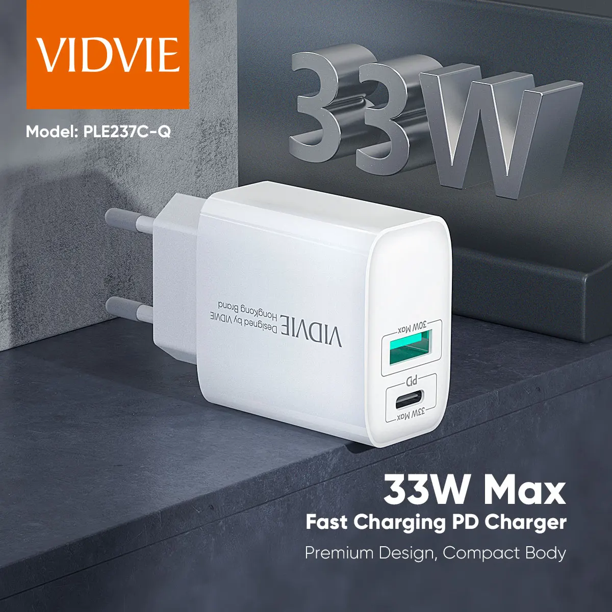 VIDVIE Smart PD 33W Dual USB Ports Type C Caricatore Mobile Charger