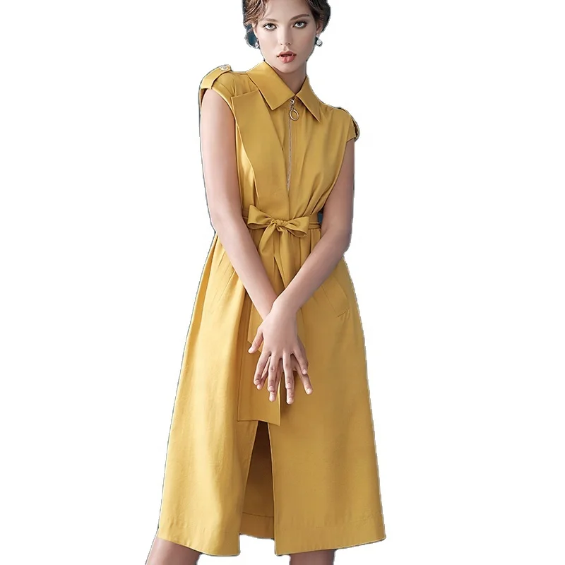 long yellow Tencel Trench Career Dresses frock design for ladies elegant fashion clothing women 2021 summer new arrives L010
