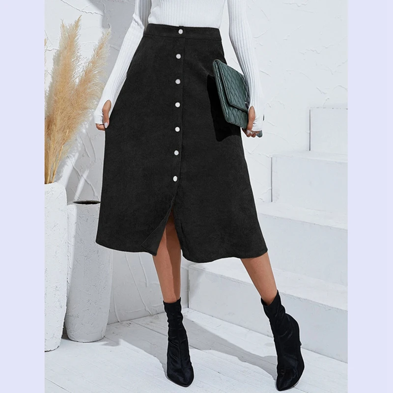 Channel Casual Women High Waist Button Front A Line Corduroy Midi Skirts Fall
