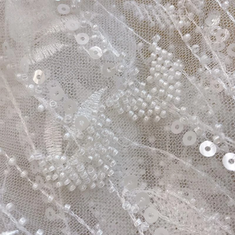 New Style Beaded Shiny Bridal Lace Fabric white Flowers, Branches and Leaves Sequined Mesh Embroidery Fabric