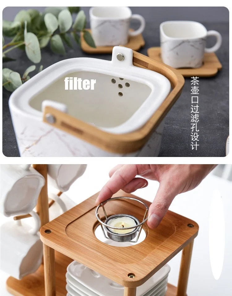 Фарфоровый чайный сервиз Подарочный кофейный с деревянным держателем китайский и 6 чашек блюдцем