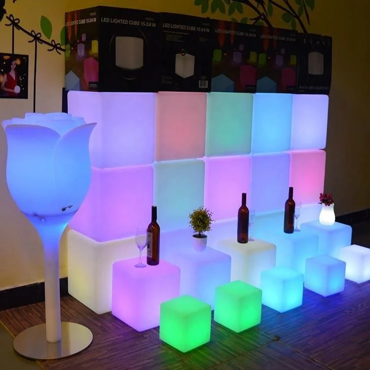 PE material modern design 40cm fancy plastic cubes chair led cube furniture sale led chairs and tables