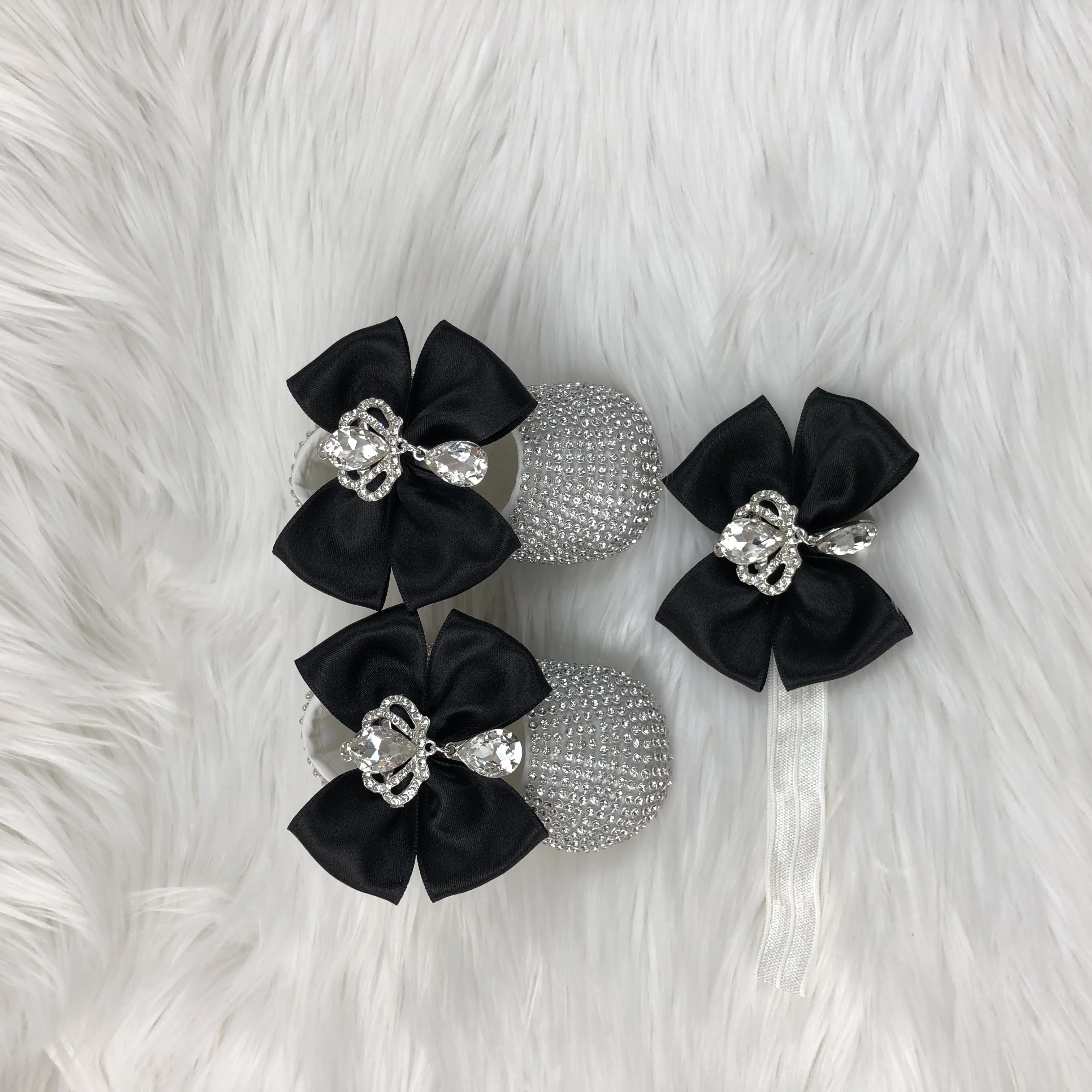 Wholesale Custom Modern High Quality Newborn New Design Black Silver Shiny Shoes And Hair Band Girl Girls Babies Baby Gift