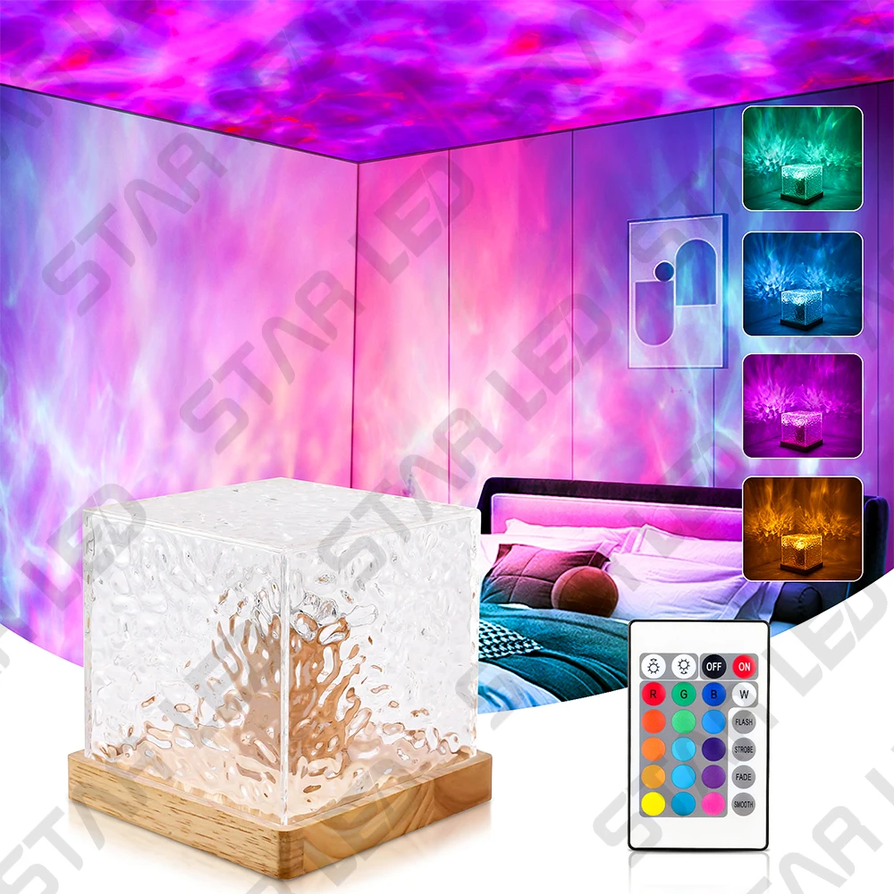 Dynamic Water Ripple Light Effect RGB Remote Control Acrylic Crystal Desk Night Light Indoor LED Crystal Water Cube Lamp